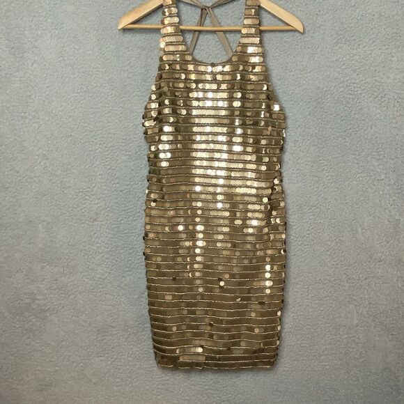 New BCBG Sequin Gold NYE Bronze Iman Mini Dress Small Coin Criss Cross Back NWT - Picture 5 of 14